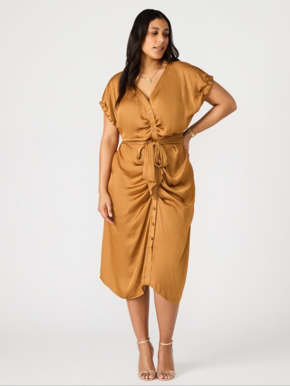 NEW Steve Madden Silky Bronze Ruched Front Crinkle Belt Button Up Midi Dress